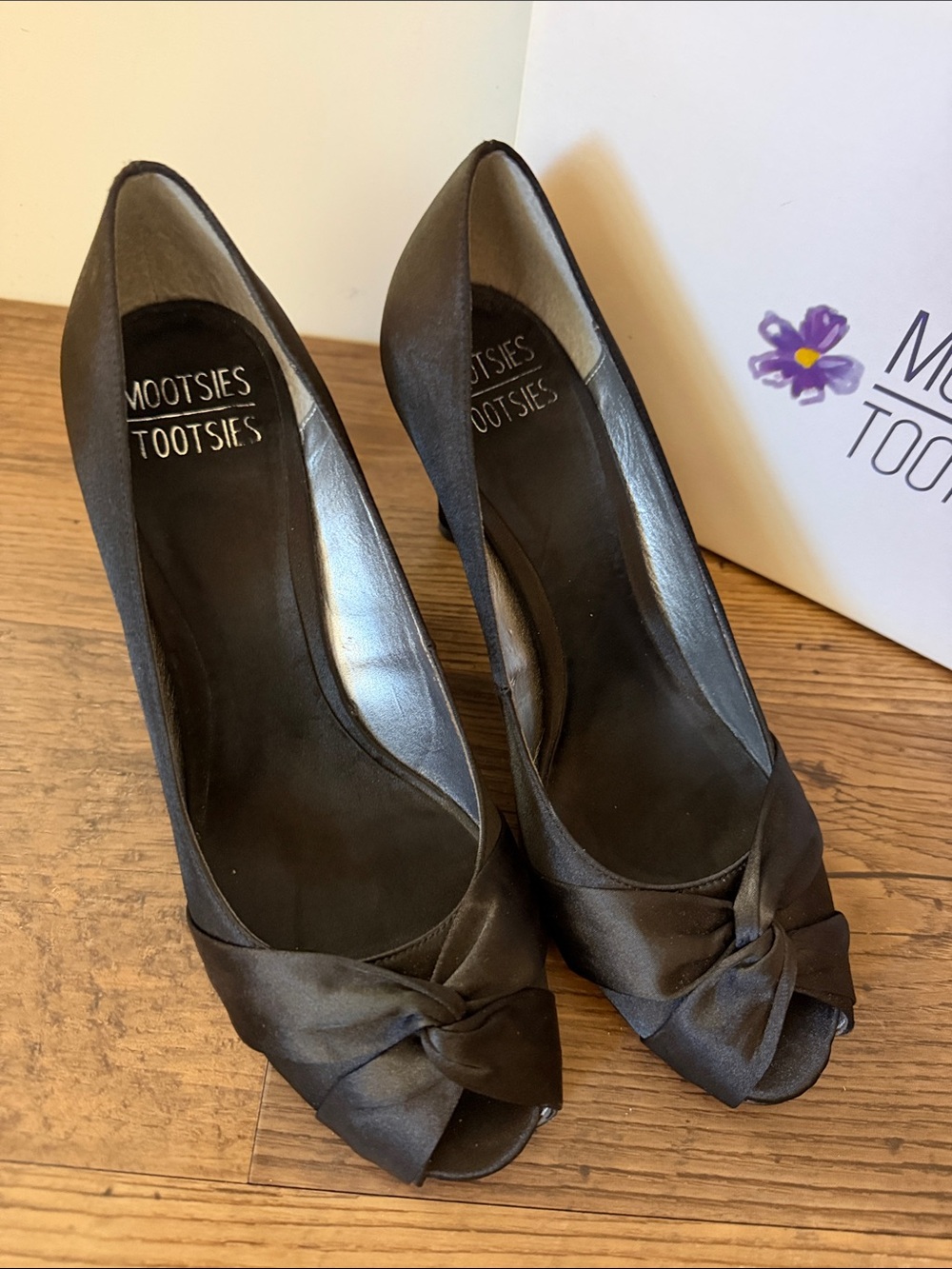 Mootsies Tootsies Black Satin Peep-Toe Knot Heels